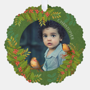 Foto von Robin Vögeln mit Holly-Beere in Grün Ornament Karte