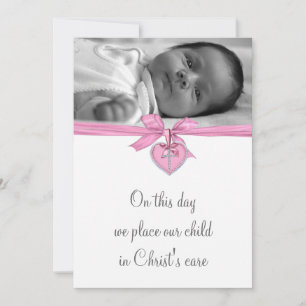 Foto von rosa weißem Kreuz Baby Mädchen Taufe Einladung
