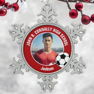 Foto von rotem Fußballspieler High School-Spirit Schneeflocken Zinn-Ornament