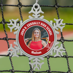 Foto von rotem Tennisspieler mit High-School-Geist Schneeflocken Zinn-Ornament