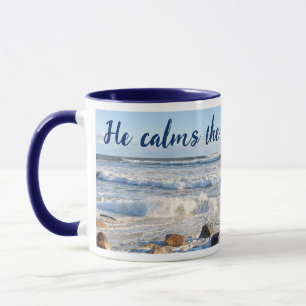 Foto von Stormy Ocean Waves Bible Verse Navy Blue Tasse
