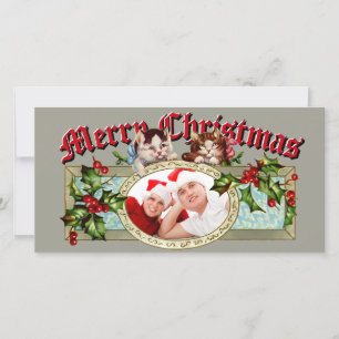 Foto von Vintage-Kätzchen und Weihnachts-Stechpalm Feiertagskarte