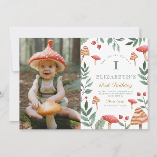 Foto Wald Pilz Erster Geburtstag Einladung (Vorderseite)