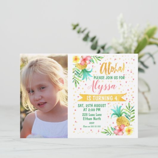 Foto Watercolor Aloha Luau Einladung (Stehend Vorderseite)