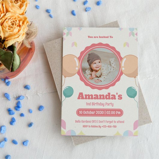 Foto Watercolor Baby Birthday Einladung