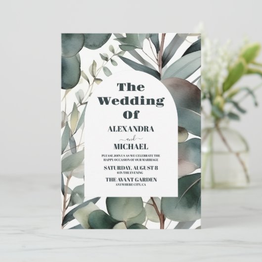 Foto Watercolor Greenery Eucalyptus Wedding Einladung (Stehend Vorderseite)