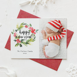 Foto Watercolor Holly Wreath Happy New Year 2025 Feiertagskarte