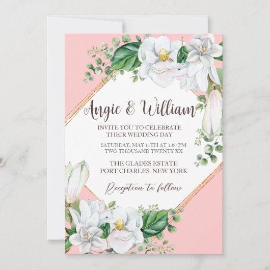 Foto Watercolor Magnolia Blush QR Code Hochzeit Einladung (Vorderseite)