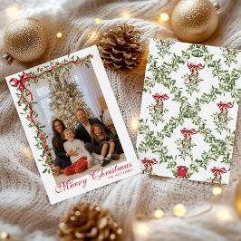Foto Watercolor Red Bow Mistletoe Garland Feiertagskarte