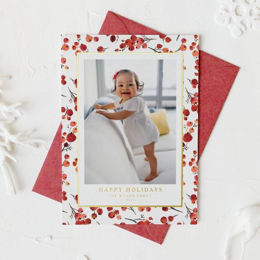 Foto Watercolor Red Winterberry Happy Holidays