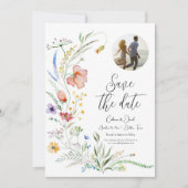 Foto Watercolor Wildblume Elegante Script Hochzeit Save The Date (Vorderseite)