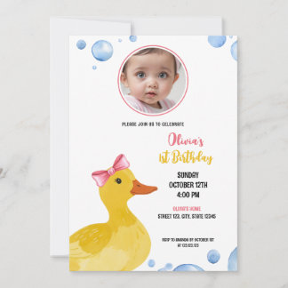 Foto Watercolor Yellow Duck Baby Girl Geburtstag Einladung