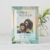 FOTO WEDD SPEICHERN DAS DATUM Aquamarine Gold Tint Einladung (Stehend Vorderseite)