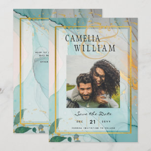 FOTO WEDD SPEICHERN DAS DATUM Aquamarine Gold Tint Einladung
