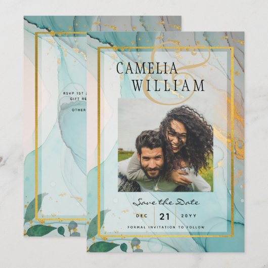FOTO WEDD SPEICHERN DAS DATUM Aquamarine Gold Tint Einladung (Vorne/Hinten)