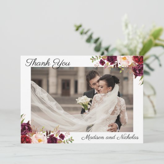 Foto Wedding Dankeschön Karten mit Marsala Blume (Stehend Vorderseite)