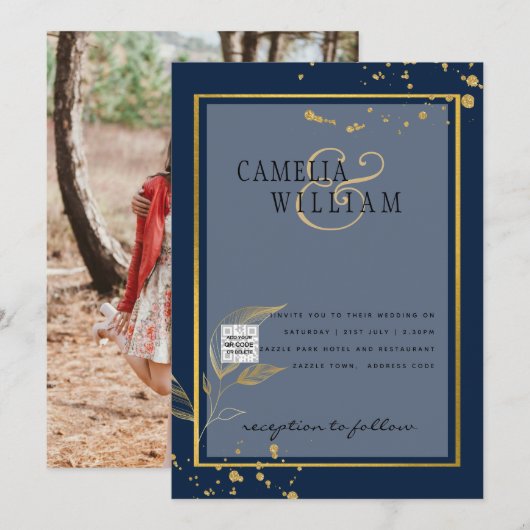 FOTO Wedding Einladung QR Code Retten Datum BLUE (Vorne/Hinten)