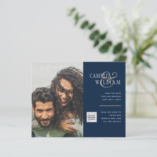 FOTO Wedding Einladung QR Code Retten Datum BLUE (Stehend Vorderseite)