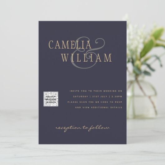 FOTO Wedding Einladung QR Code Retten Datum BLUE (Stehend Vorderseite)