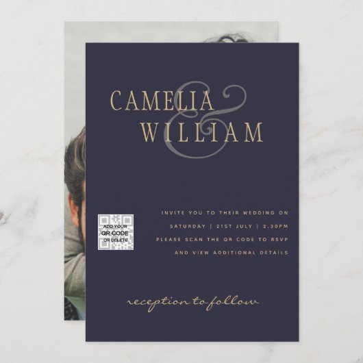 FOTO Wedding Einladung QR Code Retten Datum BLUE (Vorne/Hinten)