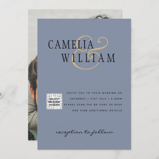 FOTO Wedding Einladung QR Code Retten Datum BLUE (Vorne/Hinten)