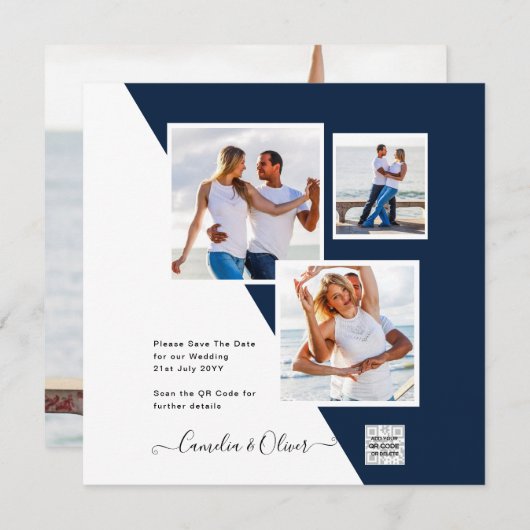 FOTO Wedding Einladung QR Code Retten Datum BLUE (Vorne/Hinten)