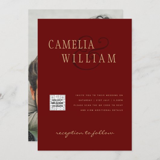 Foto Wedding Einladung QRCode UAWG Burgundy Red (Vorne/Hinten)