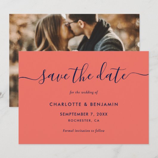 Foto Wedding Elegant Navy Blue und Coral Wedding Ankündigung (Vorne/Hinten)