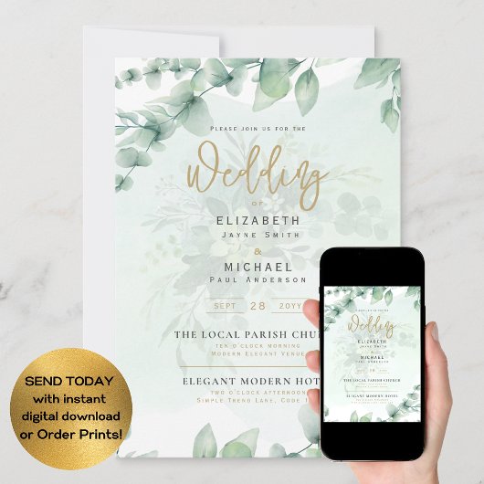 Foto Wedding lädt Greenery Gold Eulcalyptus ein Einladung