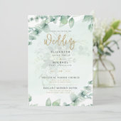 Foto Wedding lädt Greenery Gold Eulcalyptus ein Einladung (Stehend Vorderseite)