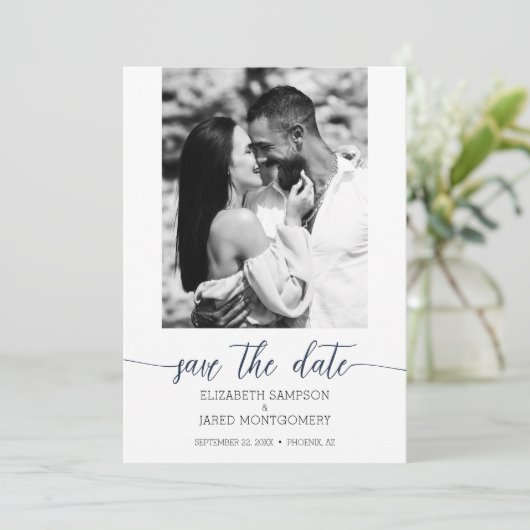 Foto Wedding Navy Blue Save The Date (Stehend Vorderseite)