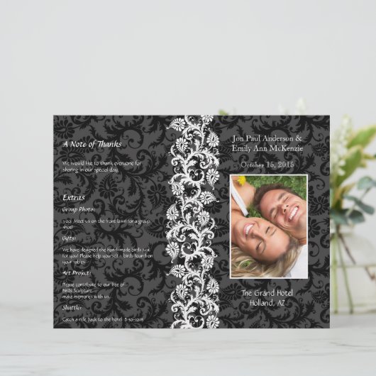 Foto Wedding Program Black Gray & Red Damask (Stehend Vorderseite)