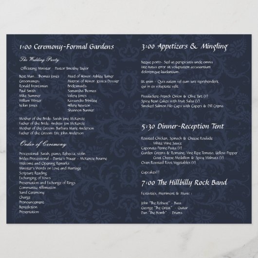 Foto Wedding Program Navy Blue & White Damask (Rückseite)