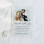 Foto Wedding Reception Acryleinladungen<br><div class="desc">Chic elopement oder private Hochzeitsankündigung und Empfang Einladung mit Ihrem Foto in einem "Mr. & Mrs." Rahmen und "Celebrate With Uns" in einem modernen Drehbuch. Fügen Sie Ihre Namen in einem signaturähnlichen Skript hinzu.</div>