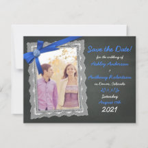 Foto Wedding Save the Date Chalkboard Blue Bow