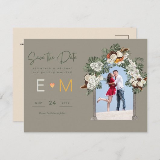 Foto Wedding Save the Date Olive Green Sage Flora Postkarte (Vorne/Hinten)