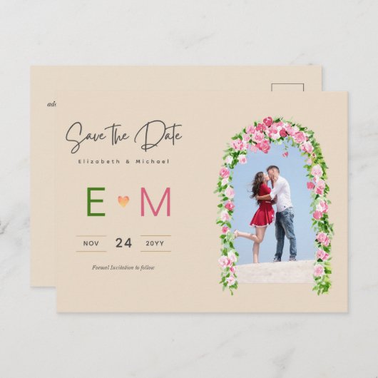 Foto Wedding Save the Date Pink Floral Postcard Postkarte (Vorne/Hinten)
