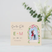 Foto Wedding Save the Date Pink Floral Postcard Postkarte (Stehend Vorderseite)