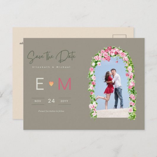 Foto Wedding Save the Date Pink Floral Postcard Postkarte (Vorne/Hinten)