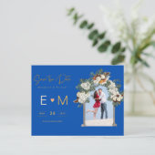 Foto Wedding Save the Date Royal Blue Floral Postkarte (Stehend Vorderseite)