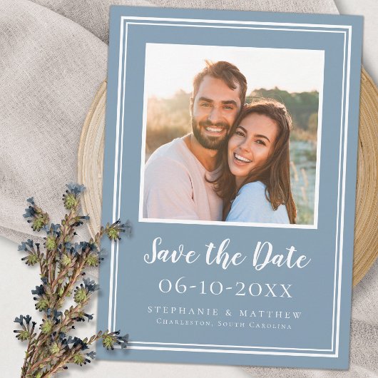 Foto Wedding Verlobung Couple Modern Dusty Blue Save The Date