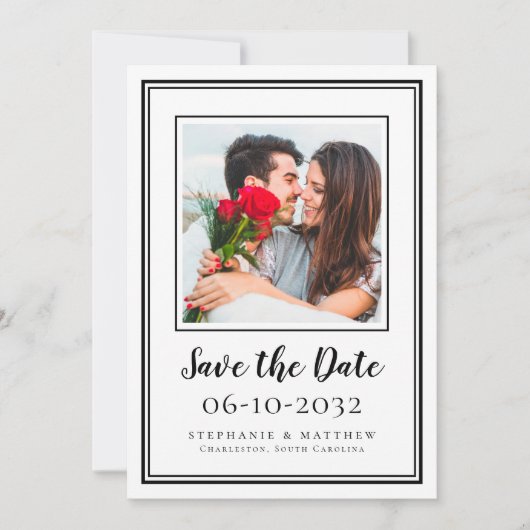 Foto Wedding Verlobung Paare Modernes Weiß Schwarz Save The Date (Vorderseite)