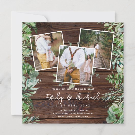 FOTO WEDING INVITATIONS RUSTIC GREENERY SQUARE EINLADUNG (Vorderseite)