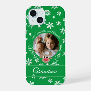 Foto Weihnachten Grün Süßes Rentier Weiße Schrift iPhone 15 Hülle