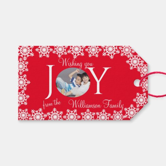 Foto Weihnachten Rotes Schneeflocken H Geschenkanhänger (Vorderseite (Horizontal))