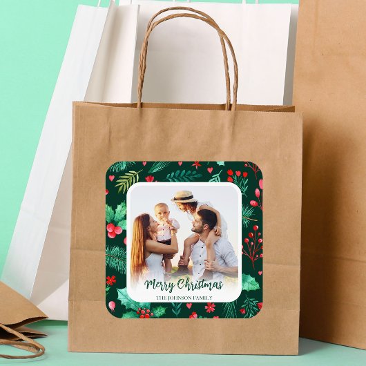 Foto Weihnachten Wasserfarben Botanicals Quadratischer Aufkleber