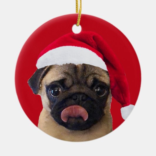 Foto Weihnachts-Weihnachtsmannmütze auf Ihrem Hund Keramik Ornament (Vorne)