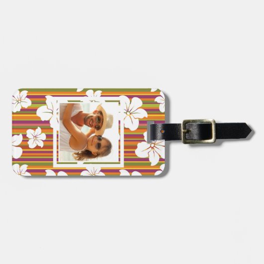 Foto Weiße Blume auf Streifen Gepäckanhänger (Vorderseite horizontal)