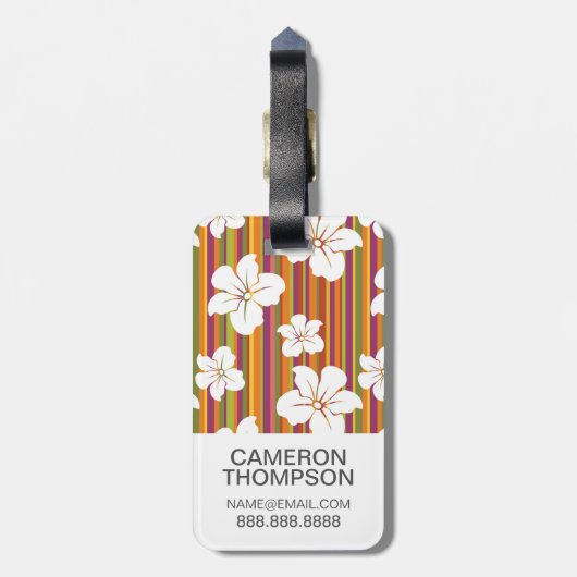 Foto Weiße Blume auf Streifen Gepäckanhänger (Rückseite vertikal)