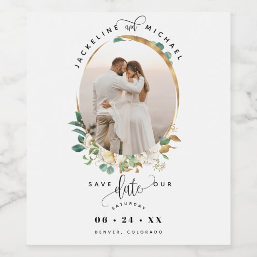 Foto, weiße goldene Blüte, Hochzeit speichern Sie  Weinetikett (Einzelnes Label)